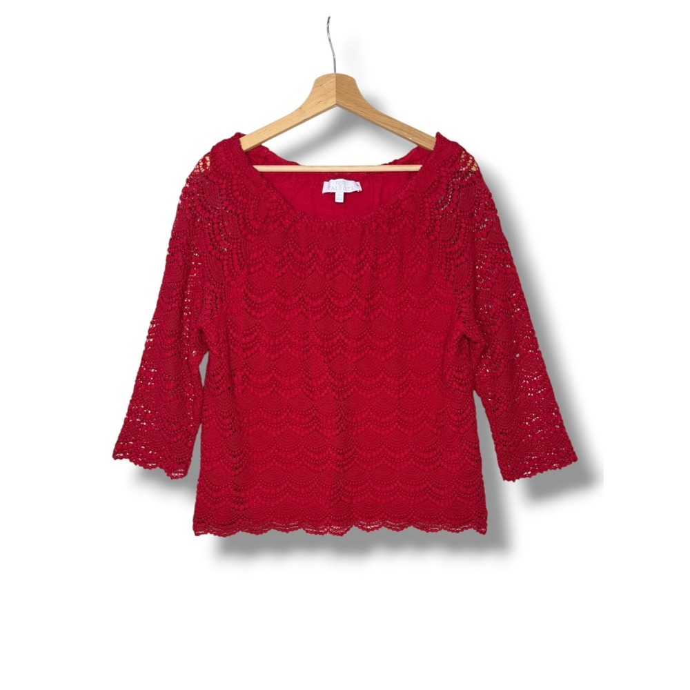RSVP by Talbots Red Crochet Lace 3/4 Sleeve Blouse Top XL Petite Scalloped Hem